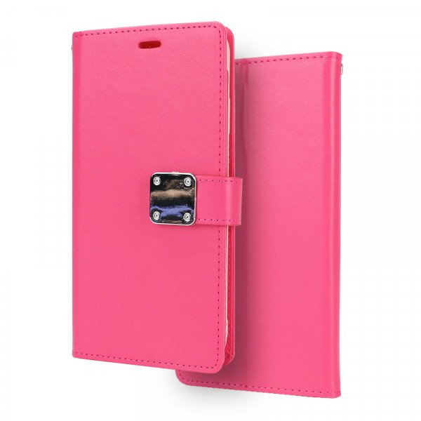 Wholesale iPhone Xr 6.1in Multi Pockets Folio Flip Leather Wallet Case with Strap (Hot Pink)